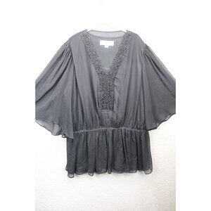 American Glamour by Badgley Mischka Black Sheer Chiffon Tunic-2X-Beaded-Lined